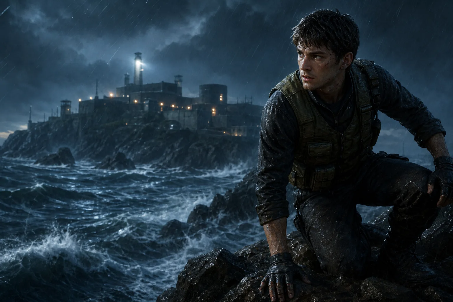 Editorial illustration of Chris Redfield approaching Rockfort Island in a storm