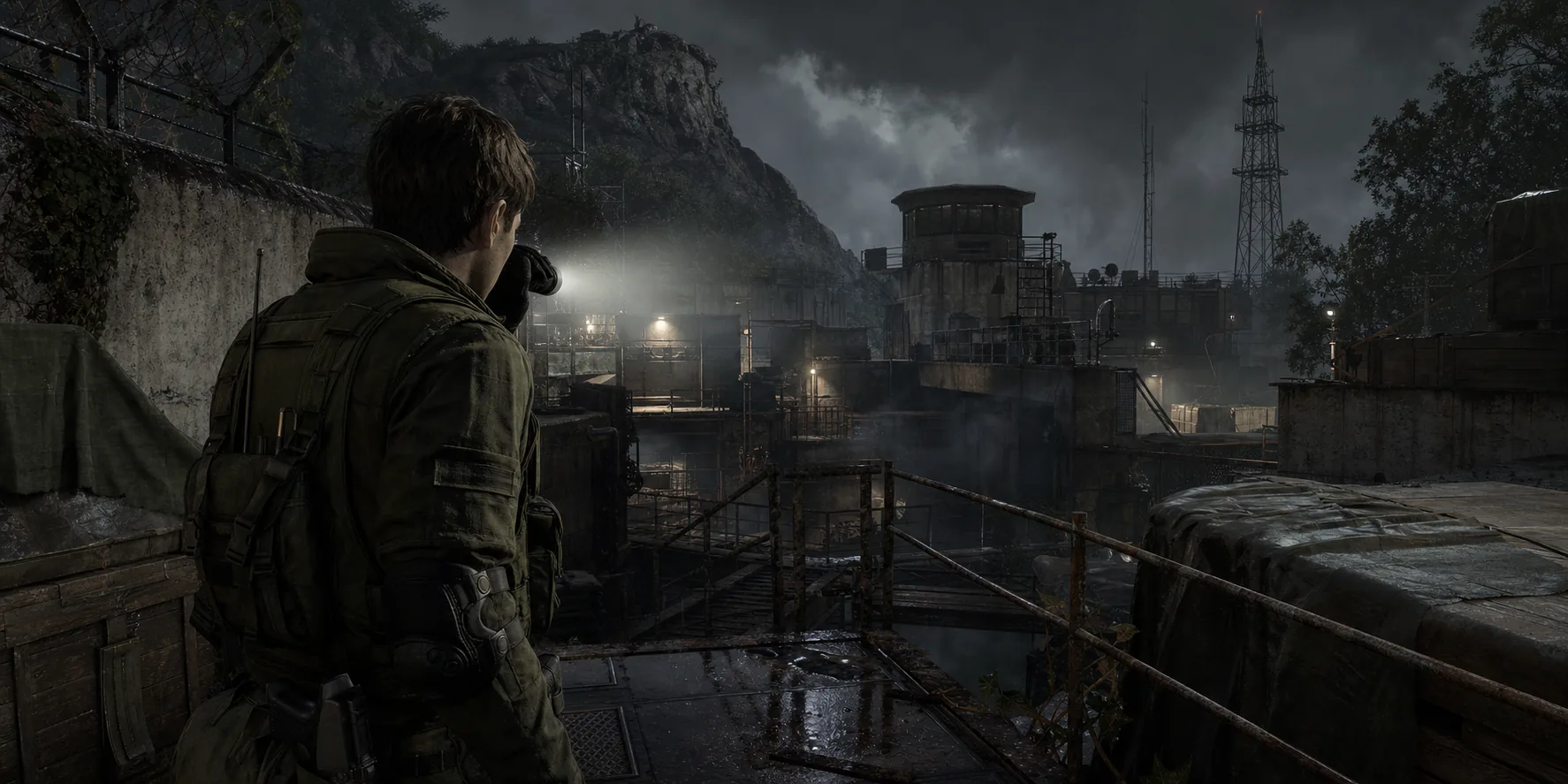Editorial illustration of Chris Redfield searching a ruined island facility