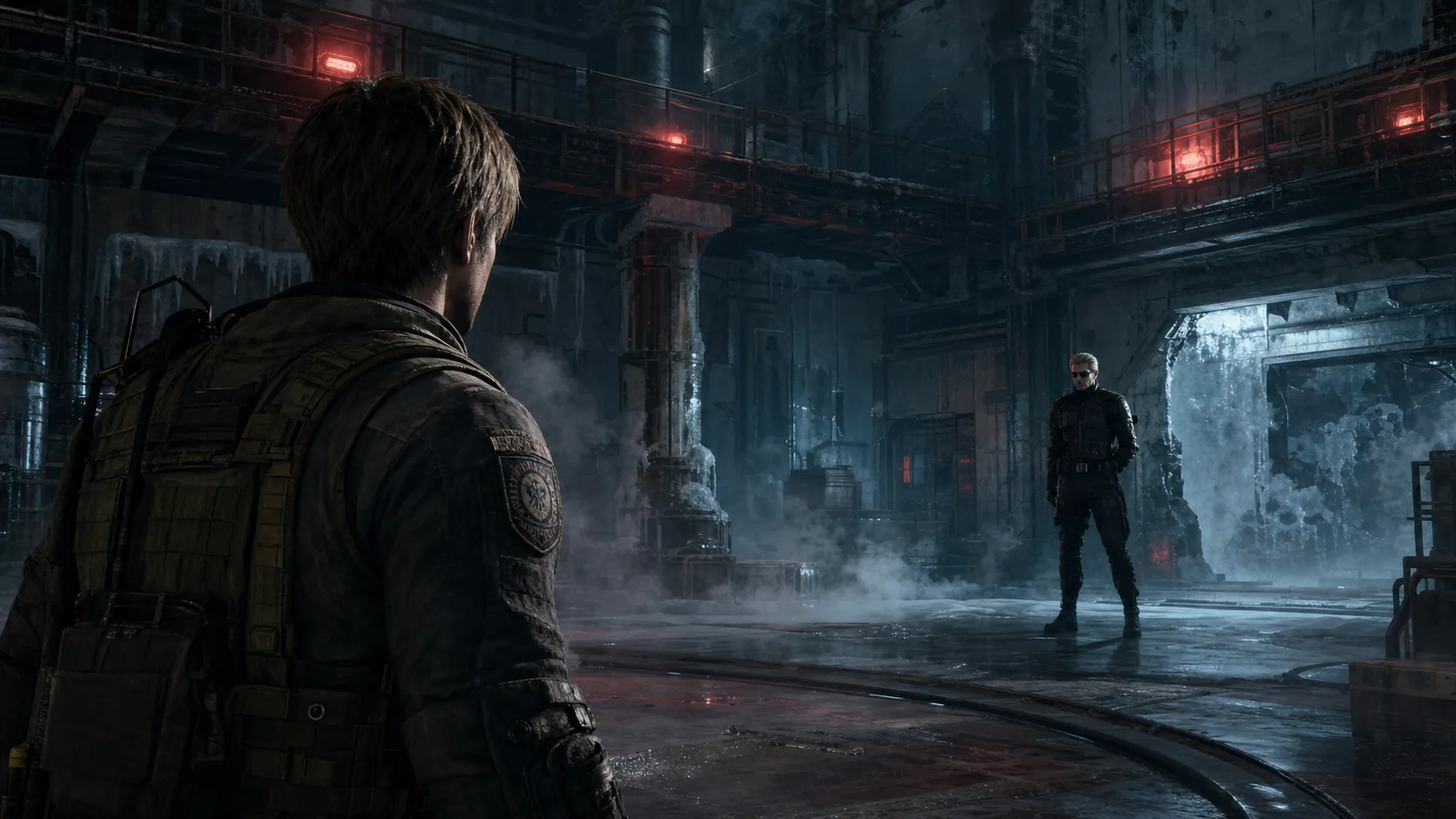 Editorial illustration of Chris Redfield facing Albert Wesker in an Antarctic facility