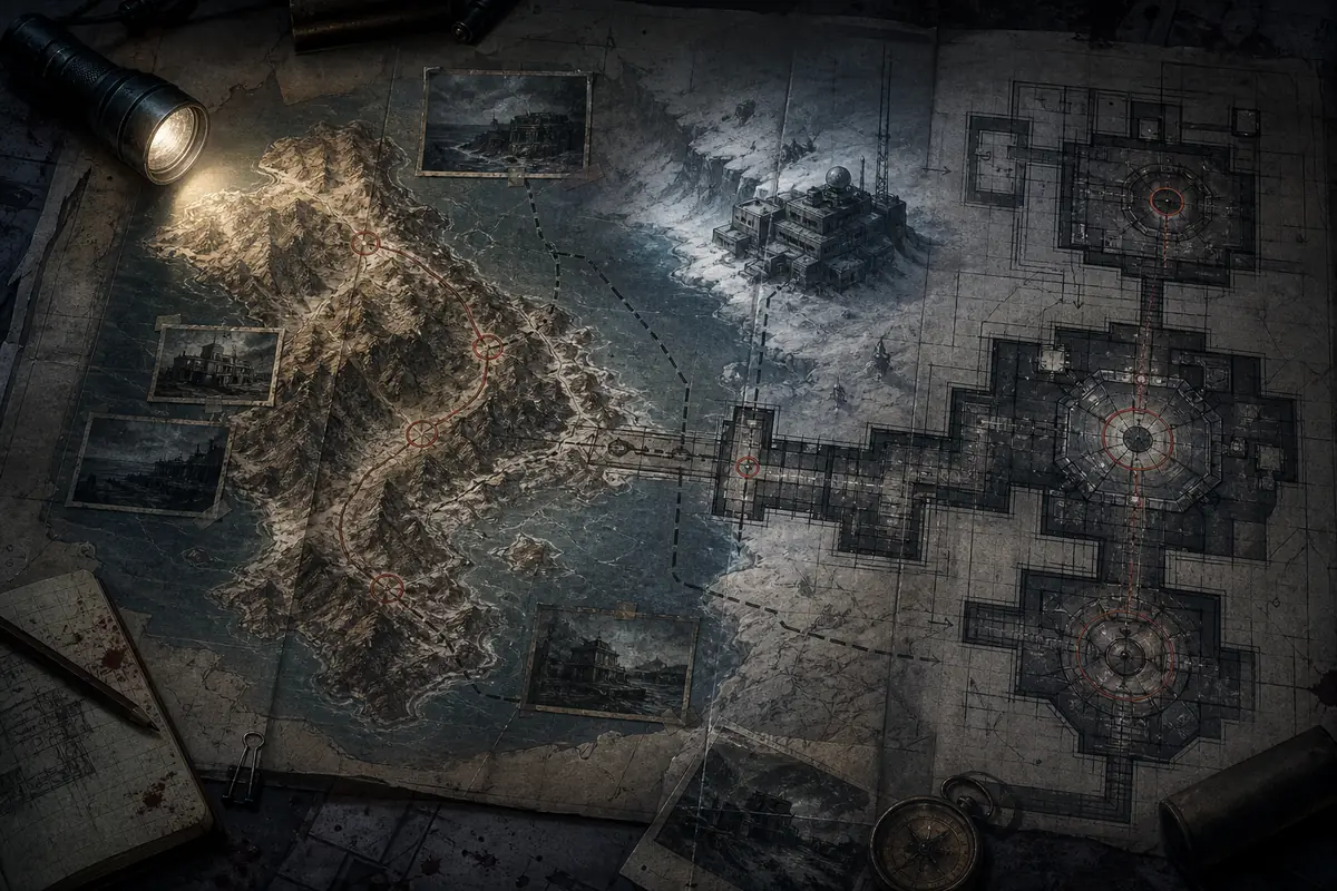 Editorial route map for Code Veronica boss checkpoints from Rockfort Island to Antarctica
