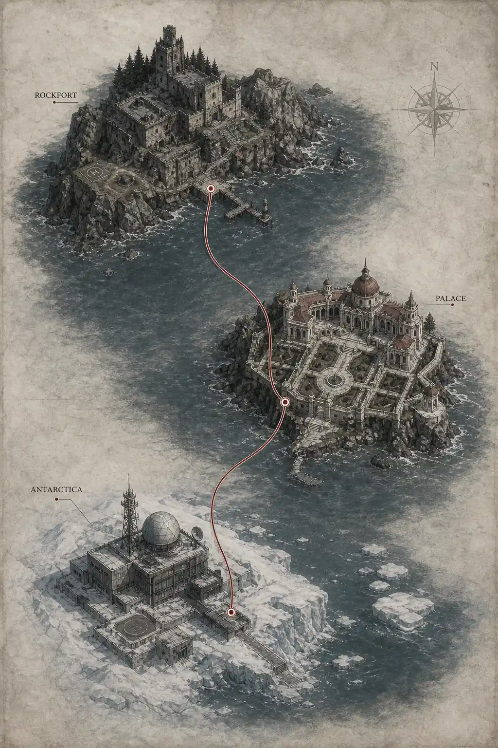 Non-official editorial map illustration connecting Rockfort, the Palace, and Antarctica in Code Veronica