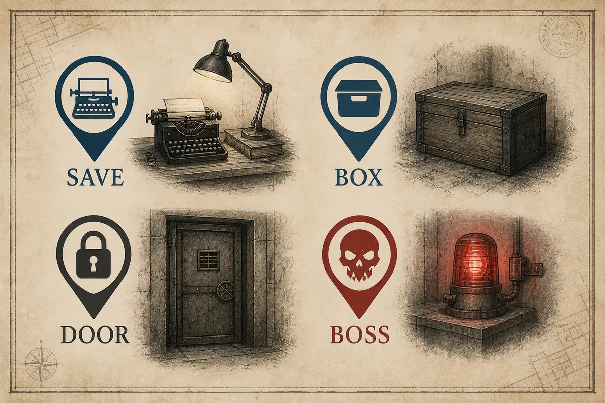 Non-official editorial map legend showing save, item box, locked door, and boss checkpoint symbols