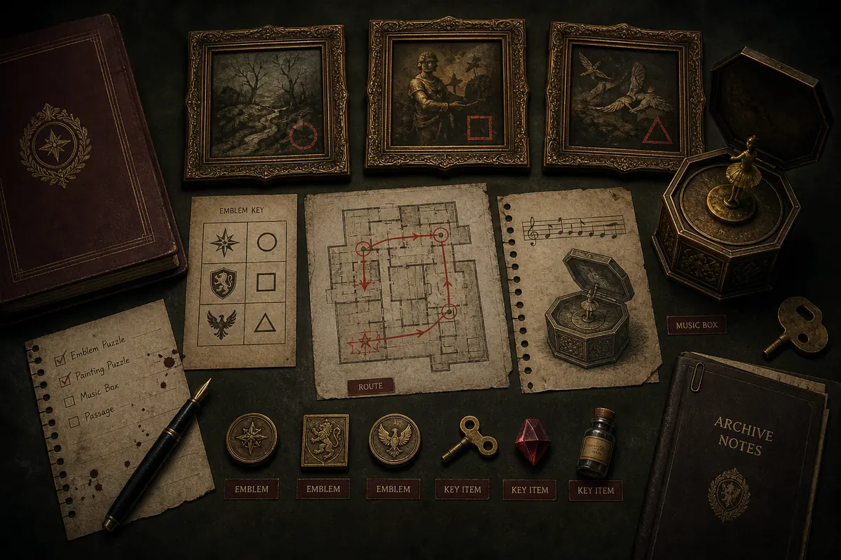 Editorial puzzle planning board for Resident Evil Code Veronica painting and emblem puzzles