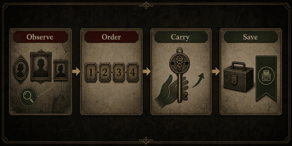 Editorial four-step puzzle route flow: Observe, Order, Carry, Save