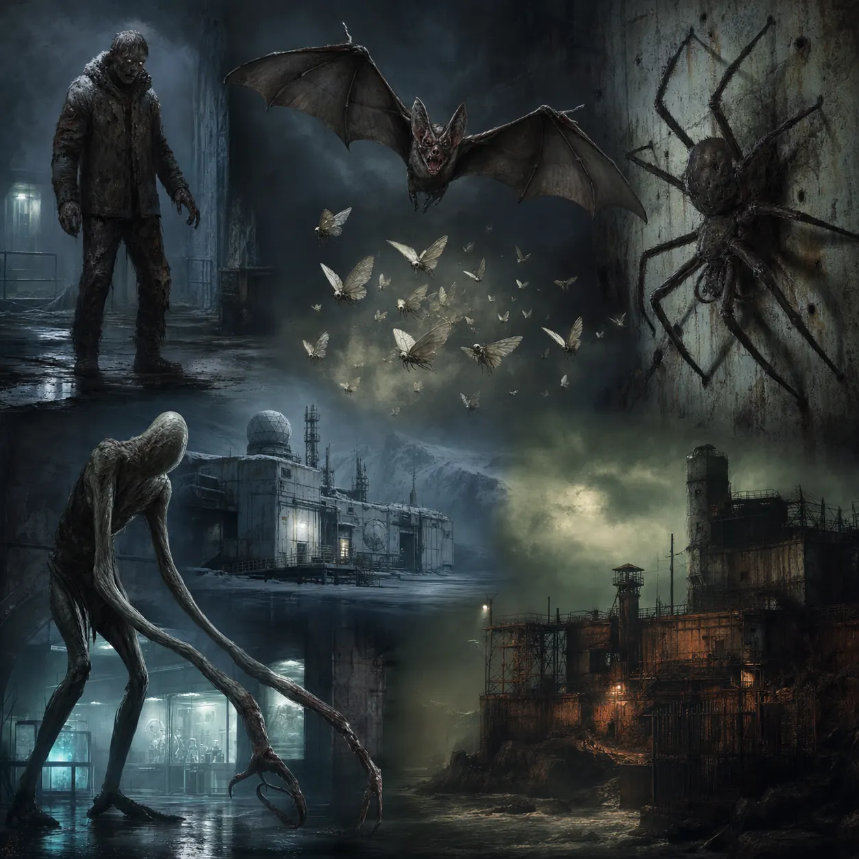 Composition conceptuelle éditoriale montrant zombies, chauves-souris, mites, araignées et créatures mutées dans des environnements industriels et antarctiques
