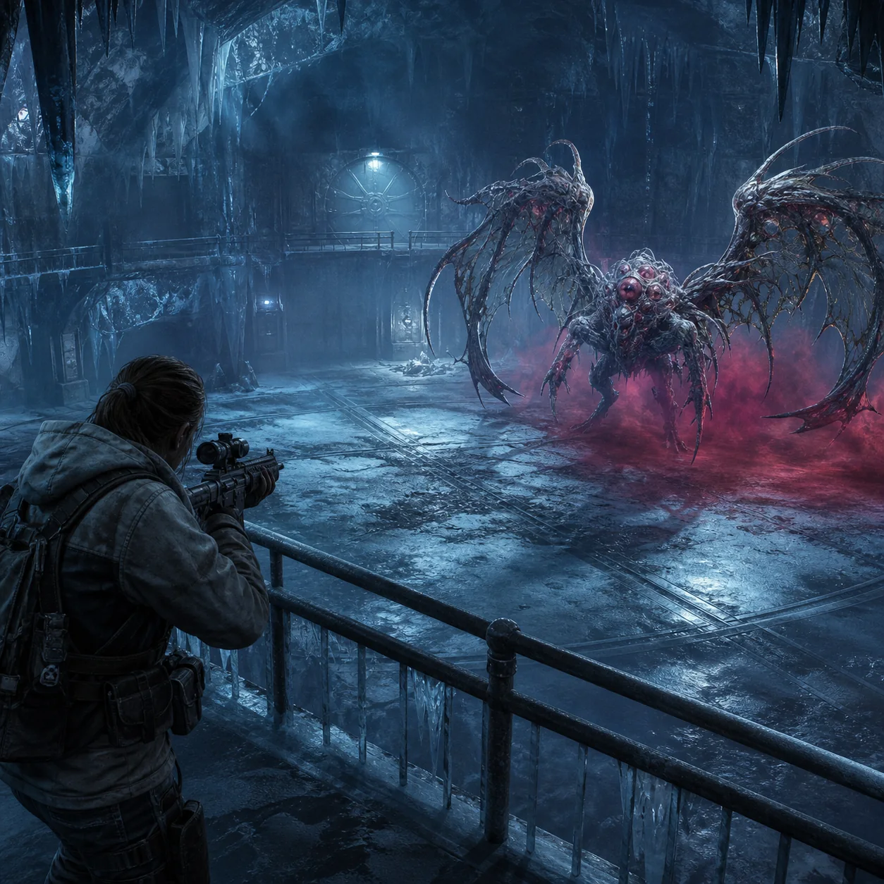 Non-official editorial illustration showing a survivor keeping rifle distance from a winged boss