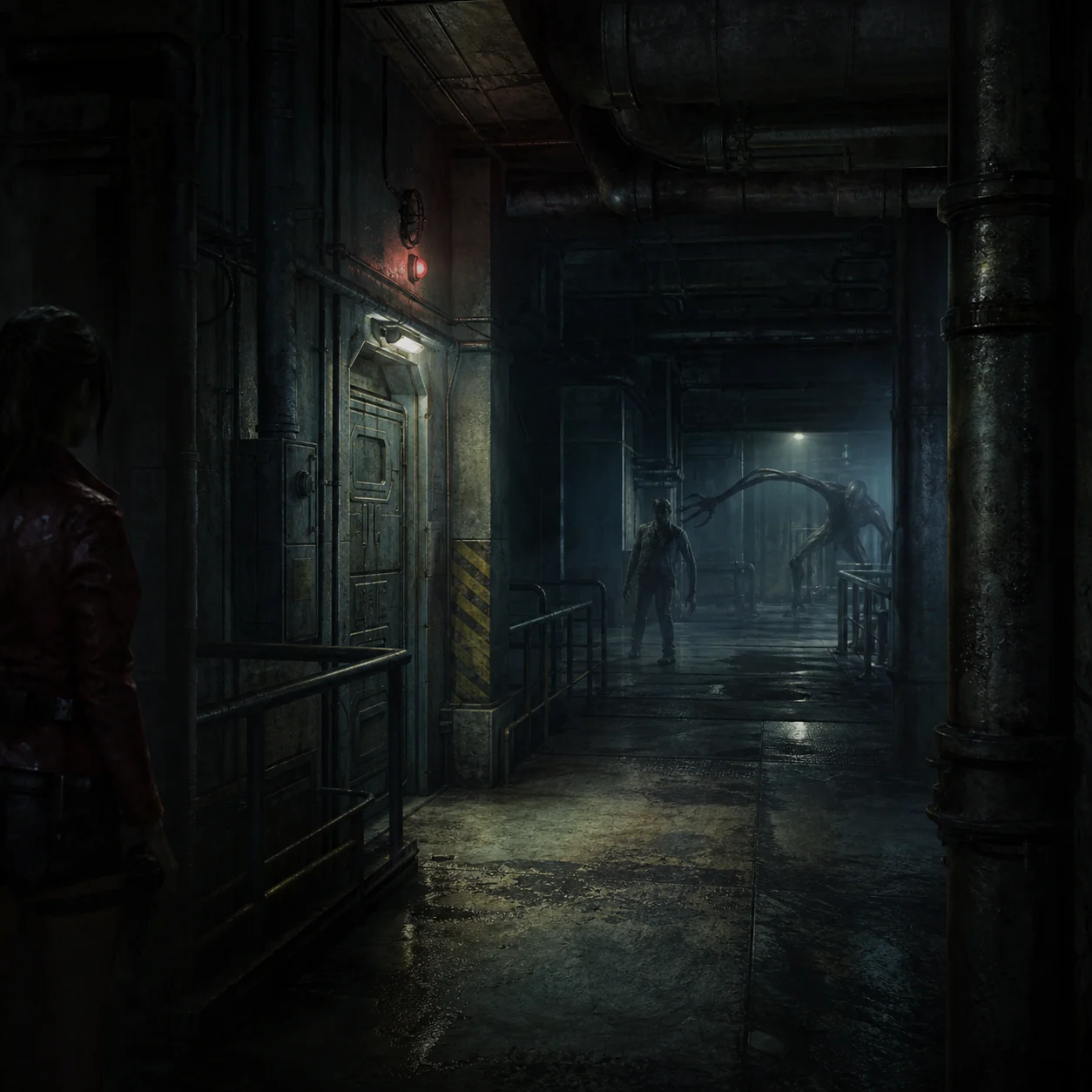 Ilustração conceitual editorial de um corredor de survival horror com um sobrevivente e silhuetas inimigas