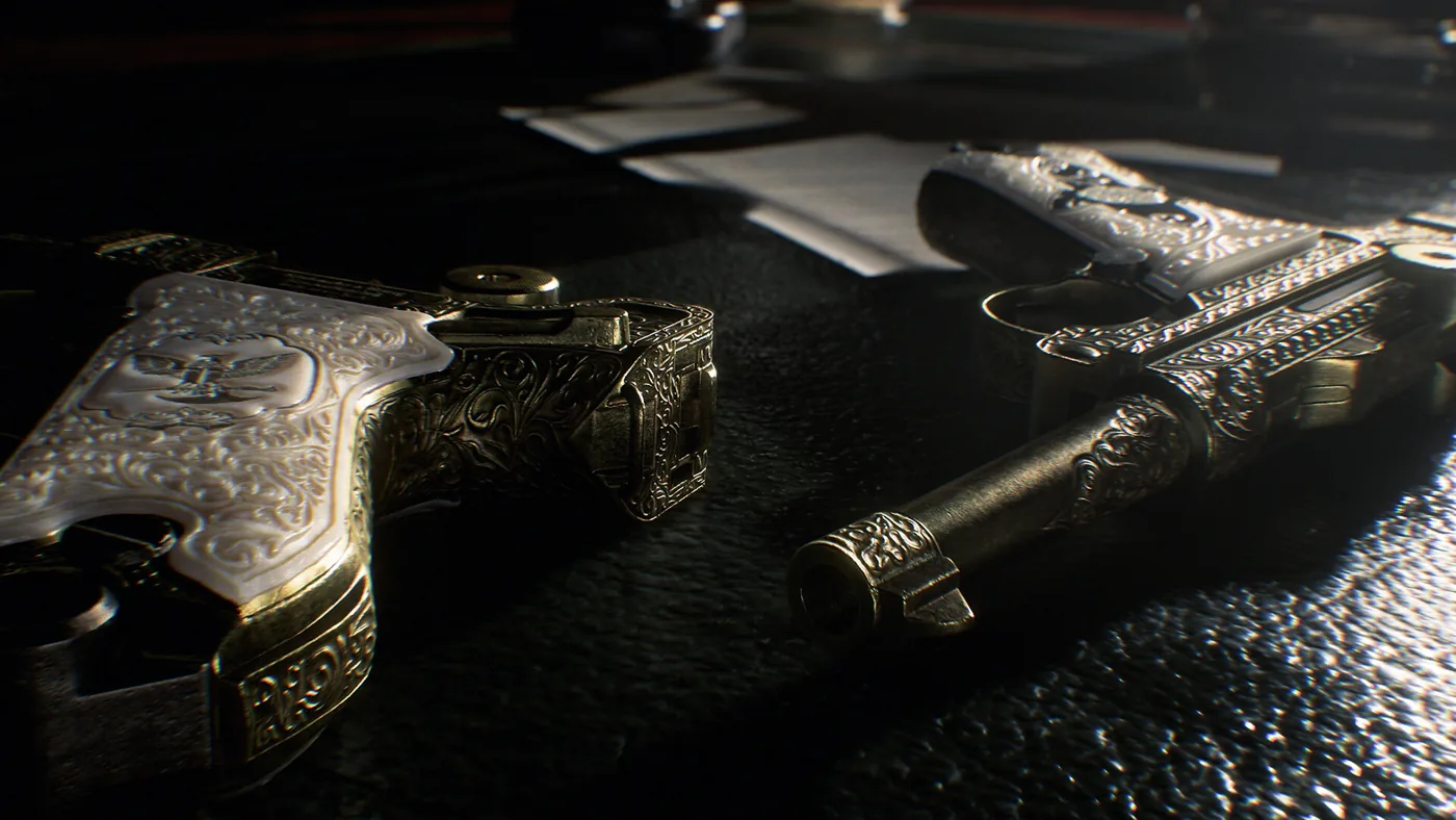 Official Resident Evil Veronica screenshot showing ornate weapons