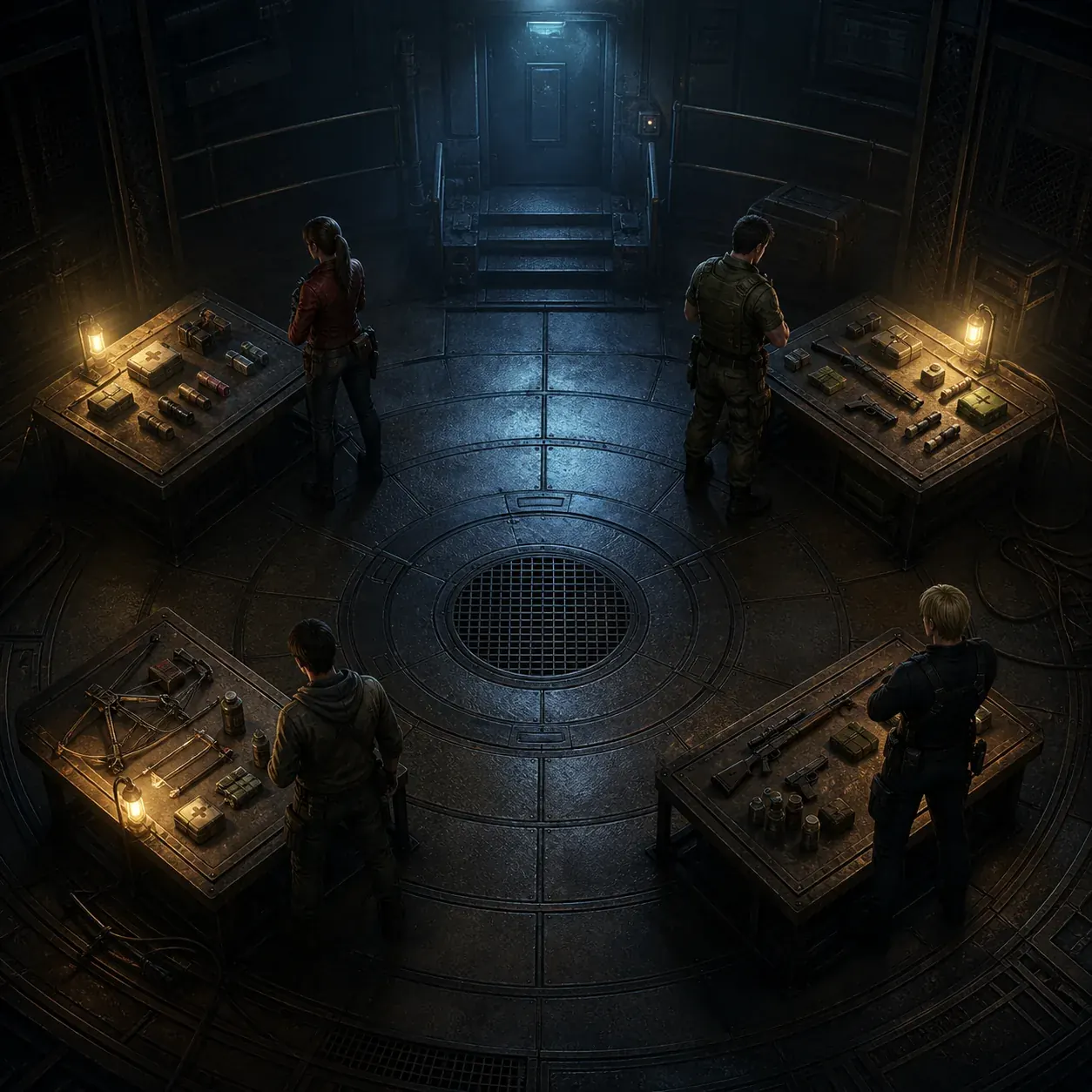 Non-official editorial illustration of four survivor loadout stations for a Battle Game character guide