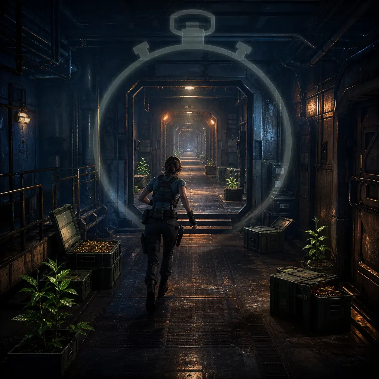 Non-official editorial illustration of a timed survival-horror route with supplies and checkpoints