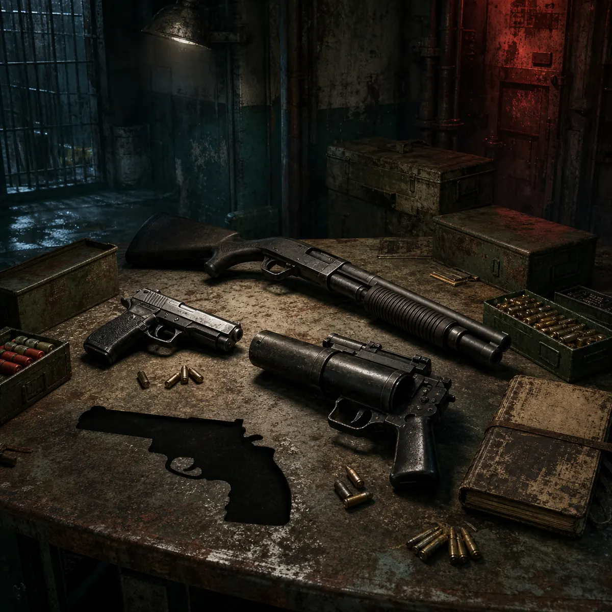 Nicht-offizielle redaktionelle Illustration klassischer Survival-Horror-Waffen und Munition auf einer Waffenkammertisch