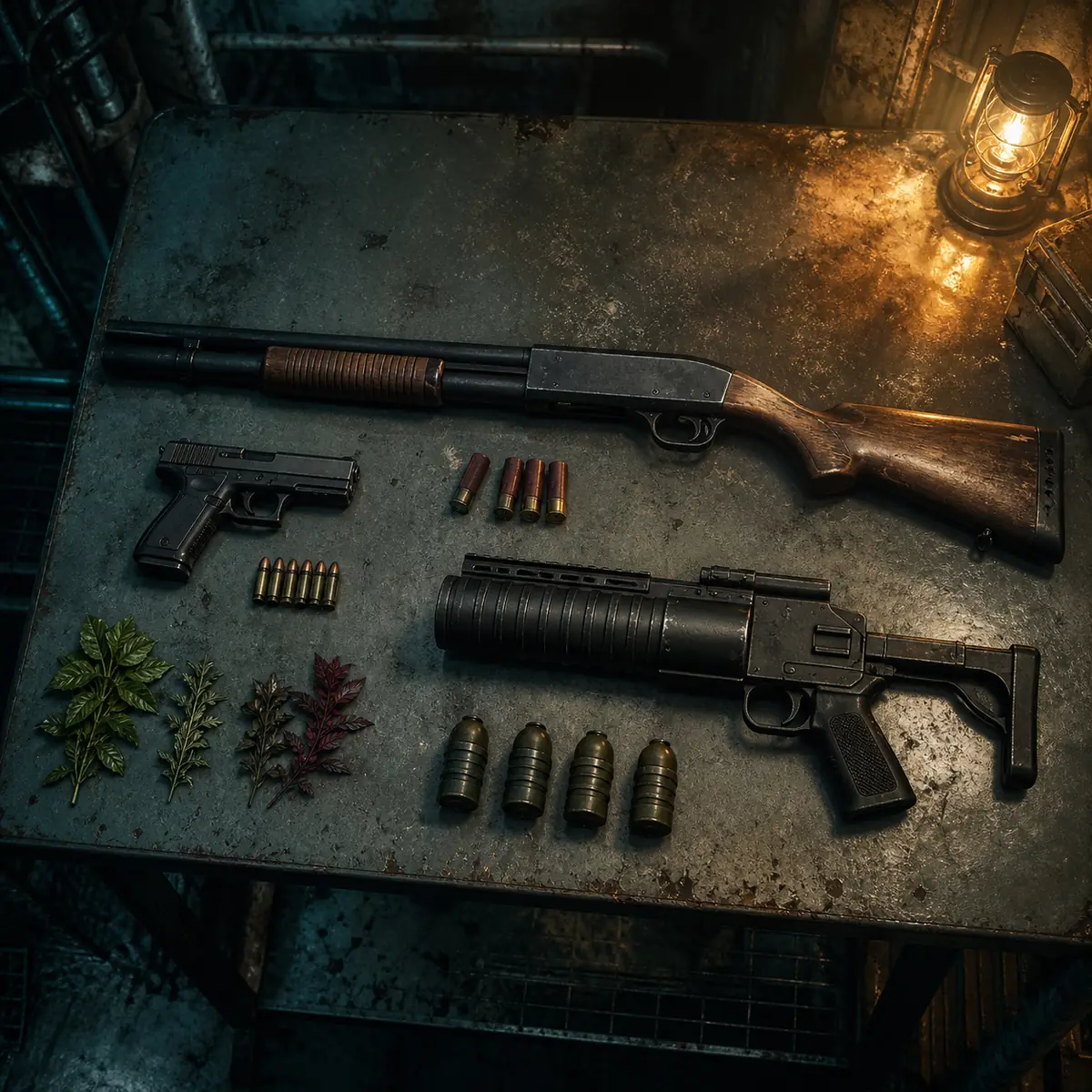 Nicht-offizielle redaktionelle Illustration eines begrenzten Survival-Horror-Loadouts mit Waffen und Munition